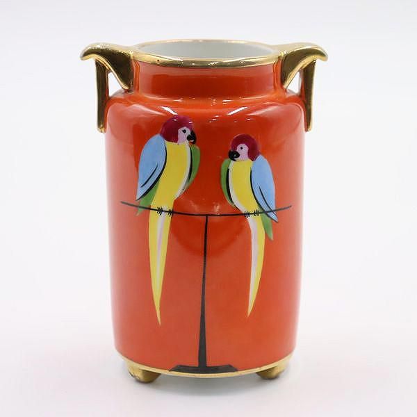 オールドノリタケ 手描き 一輪挿し オブジェ オレンジ 朱色 鳥