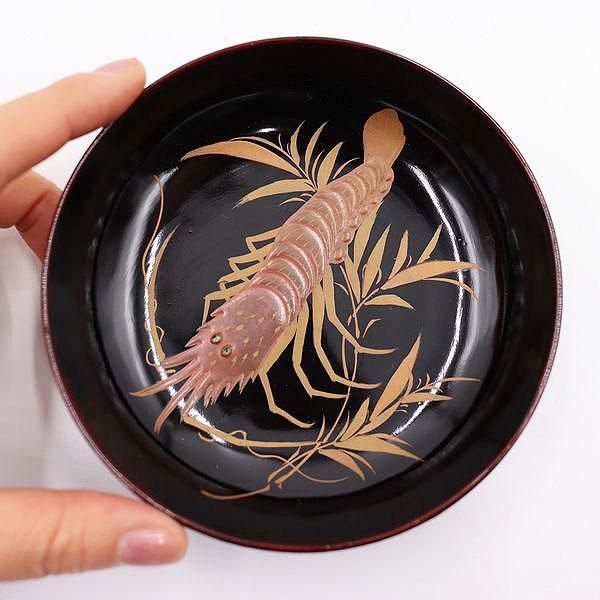 漆塗り方皿　魚蒔絵　お盆　菓子器　漆器　アンティーク　古道具 Q1126 漆塗り方皿 魚蒔絵 お盆 菓子器 漆器 アンティーク 古道具 Q1126