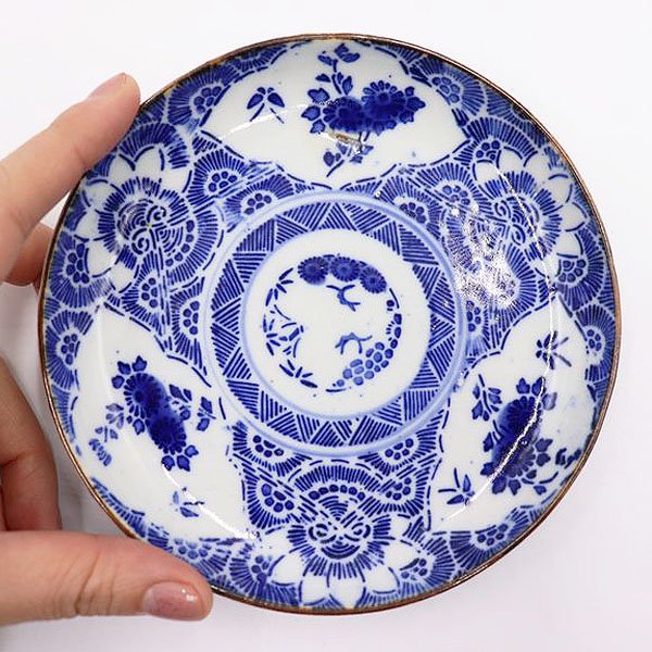 藍色　骨董皿　染付　印判　なます皿　寿皿　大正時代　皿