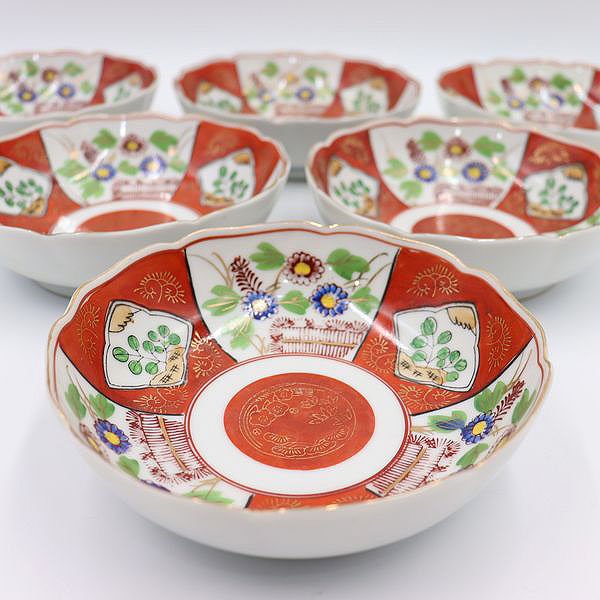 九谷焼 色絵 赤絵 なます皿 取り皿 深皿 アンティーク食器（菊・萩 