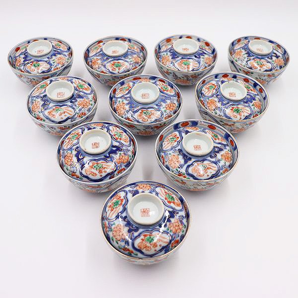 手描き 色絵 蓋碗 蓋付き茶碗 カラフル 和食器 アンティーク（亀・牡丹 