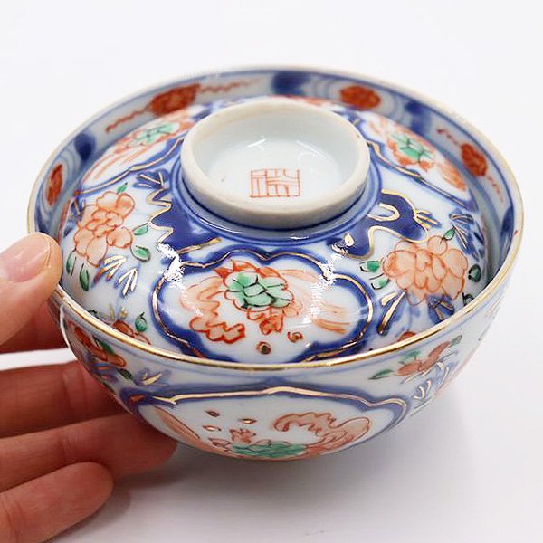 手描き 色絵 蓋碗 蓋付き茶碗 カラフル 和食器 アンティーク（亀・牡丹）