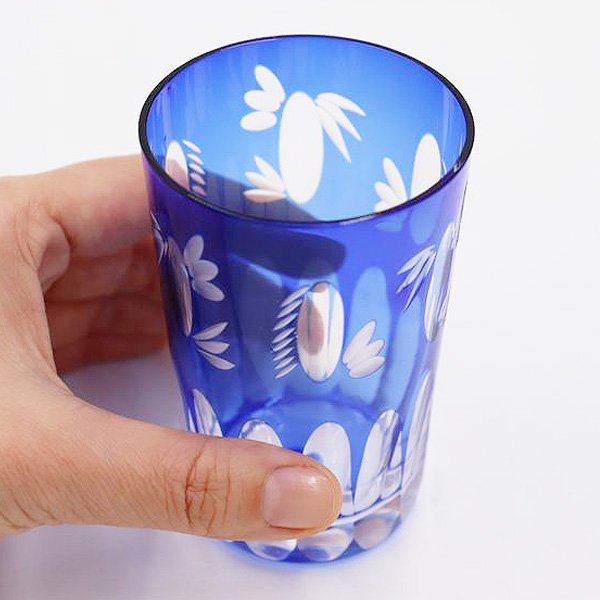 日本製 レトロ 切子グラス 青 ブルー カットガラス 懐かしい 大正・昭和