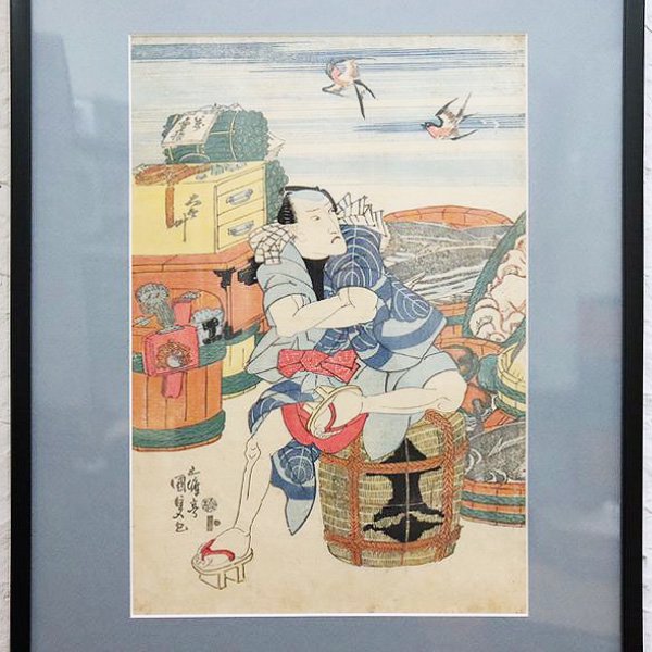 古版画 浮世絵 歌川国貞 初代「題名不明」飛燕 商人 振売り 江戸っ子 