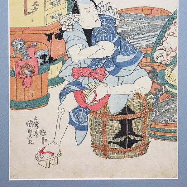 古版画 浮世絵 歌川国貞 初代「題名不明」飛燕 商人 振売り 江戸っ子 