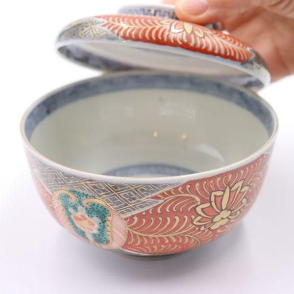 手描き赤絵の豪華な伊万里焼大蓋碗｜直径12 高さ8.5｜明治時代