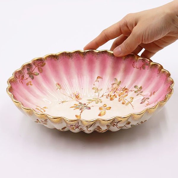 イギリス製 アンティーク 楕円形 オーバル ボウル 鉢 ピンク 小花柄 グラデーション フリル