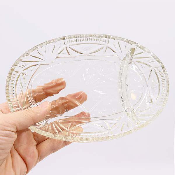 大正・昭和初期 プレスガラス レース皿  楕円 刺身皿 向付 アンティーク ヴィンテージ 和ガラス