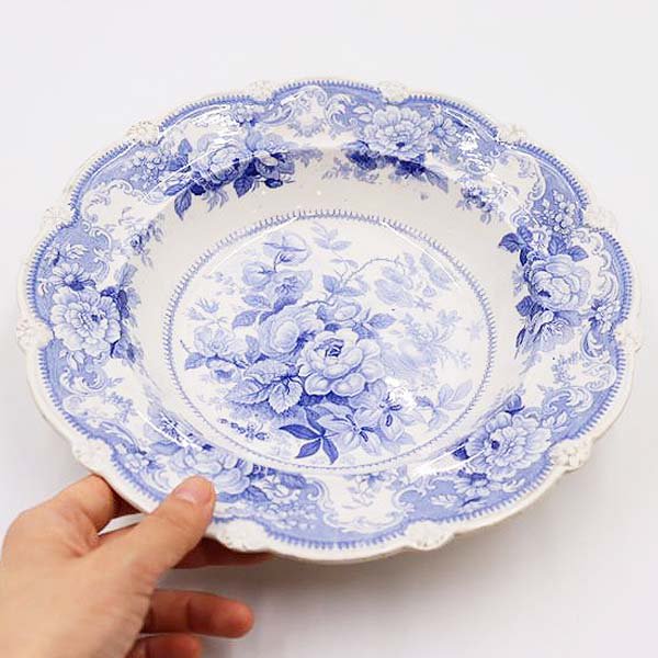 ブルーアンドホワイト 深皿 オランダ 阿蘭陀 ディナー皿 シチュー皿 アンティーク ヨーロッパ（ローズ・フラワー）