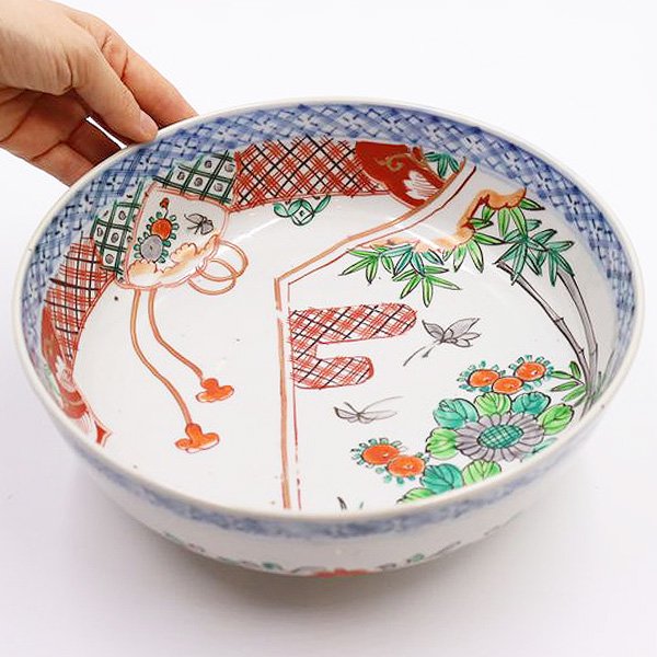 手描き 赤絵 大鉢 煮物鉢 アンティーク 骨董 和食器 カラフル（竹・花