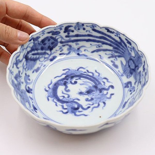 手描き 染付 なます 中鉢 深皿 盛鉢 呉須 藍 明治 アンティーク 和食器（龍・鳳凰・蓑笠・七宝）