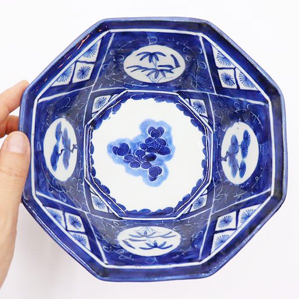 手描き 染付 八角 中鉢 深皿 盛鉢 呉須 藍 明治 アンティーク 和食器