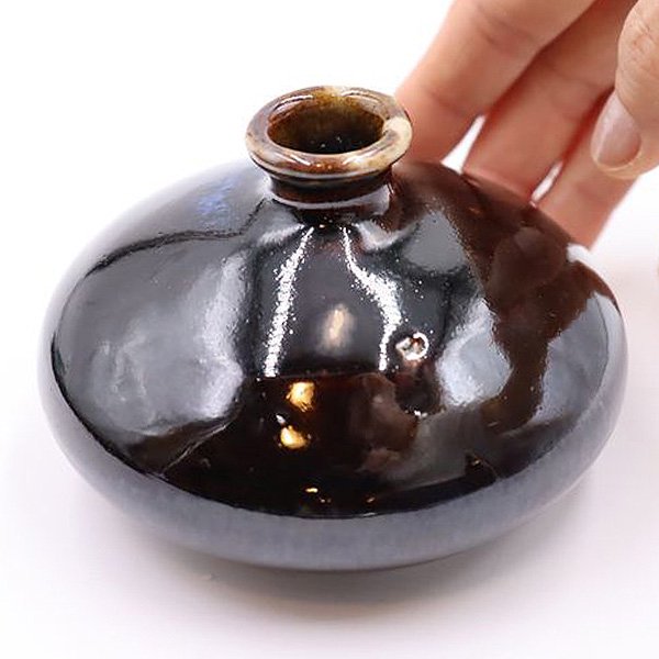 黒 鉄釉 油壺 鬢付け油 化粧油 大正時代 昔の化粧道具 日本 一輪挿し