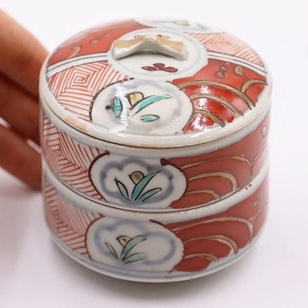 【タイムセール！】 段重 二段蓋物 赤絵 手描き 小物入れ お化粧道具 重香合 金平糖 工芸品