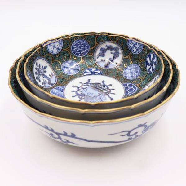 九谷焼 青粒中鉢（21cm）｜大正時代の手描き文様｜伝統技法を