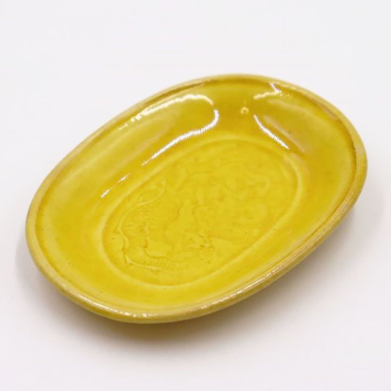 ?平焼 小判型豆皿 手塩皿 黄色 レモン色 淡路焼 龍紋 楕円 オーバル