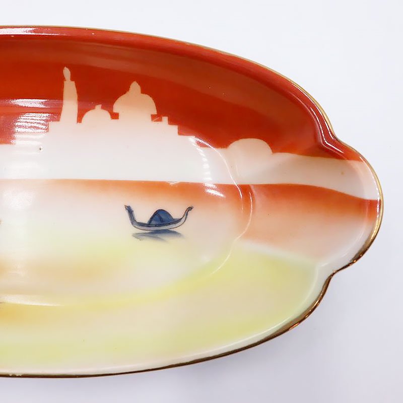 オールドノリタケ 手描き ハンドペイント 風景 セロリ皿 変形皿