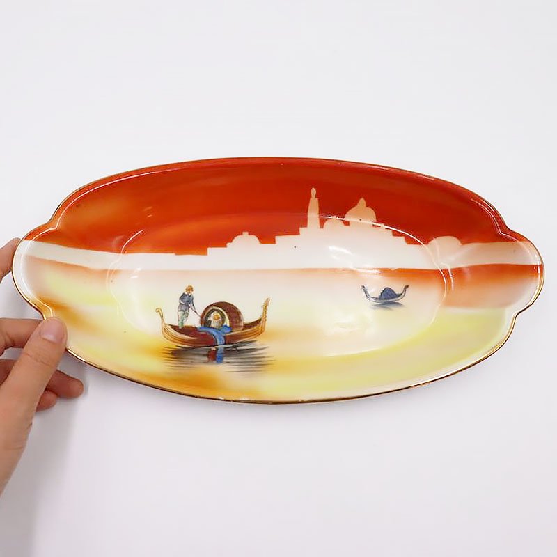 オールドノリタケ 手描き ハンドペイント 風景 セロリ皿 変形皿
