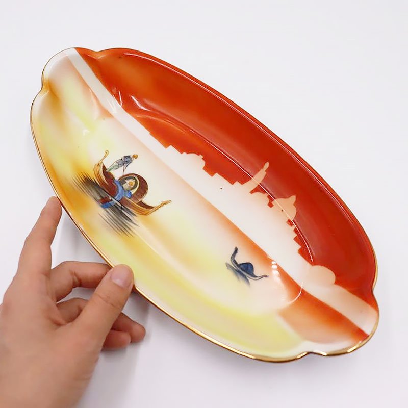 オールドノリタケ 手描き ハンドペイント 風景 セロリ皿 変形皿 オーバル アラビア 湖 アンティーク