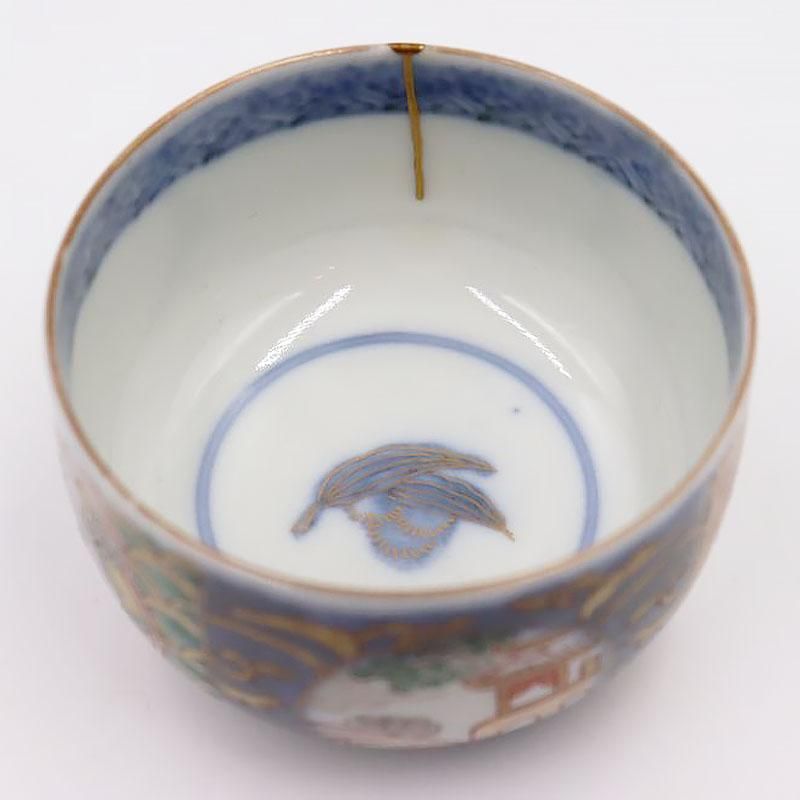 茶道具 赤絵 山水画 青木木米 造 茶碗 時代物(K-A411) 金継ぎ】手描き 錦手 赤絵 鈴茶碗 ころ茶碗 湯呑み カラフル