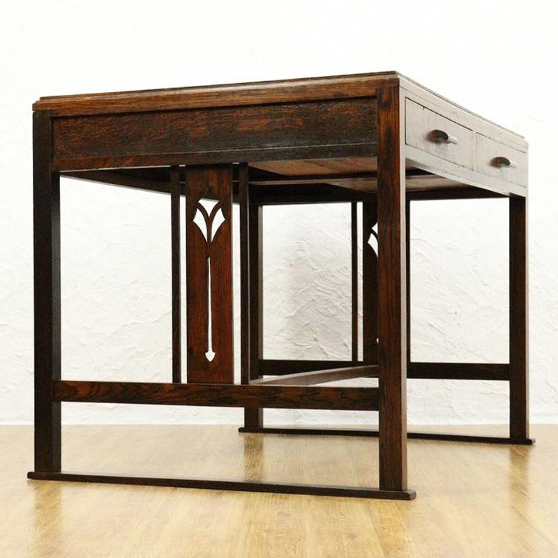 昭和初期のアンティークデスク｜ナラ材・引き出し2杯付き 明るめ