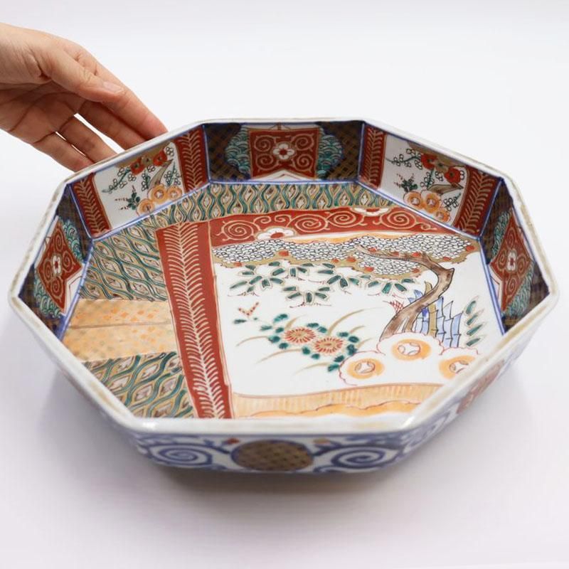 鉢□古い赤絵六角鉢 魁（江戸期）時代物 花唐草魚紋 大清