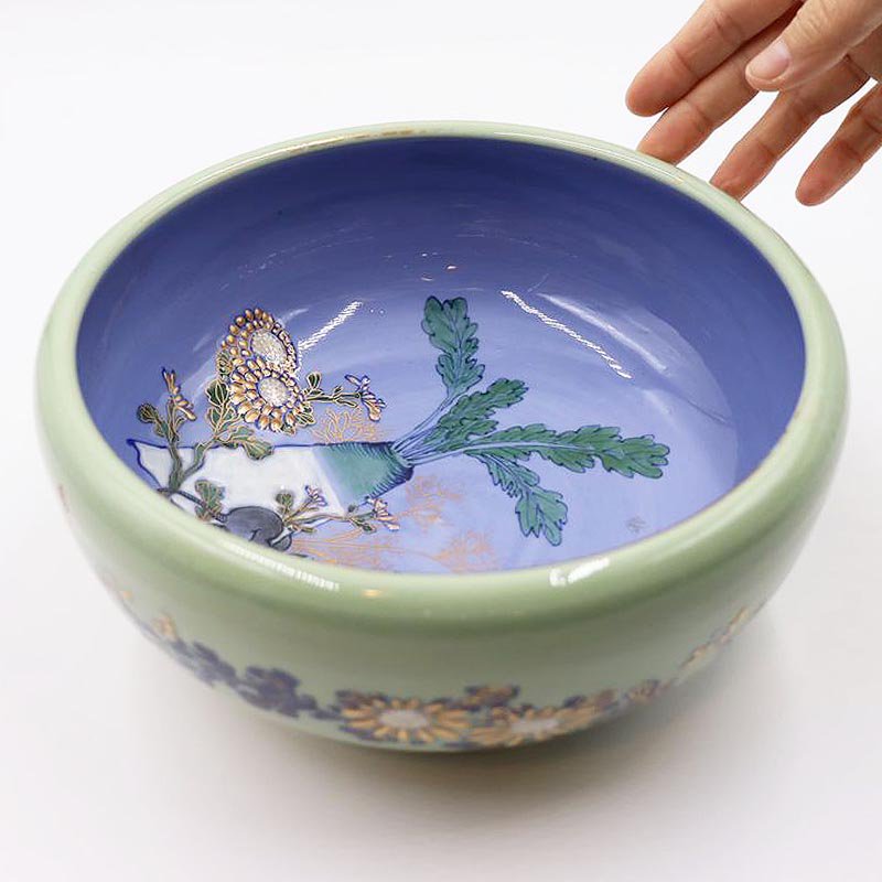 希少 手描き 色絵 青磁 中鉢 盛り鉢 飾り鉢 アンティーク 和食器