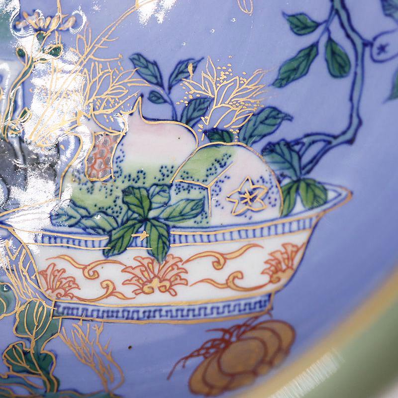 希少 手描き 色絵 青磁 中鉢 盛り鉢 飾り鉢 アンティーク 和食器 明治 