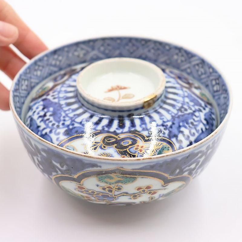 金継ぎ】手描き 赤絵 色絵 蓋碗 蒸し物 伊万里 明治時代