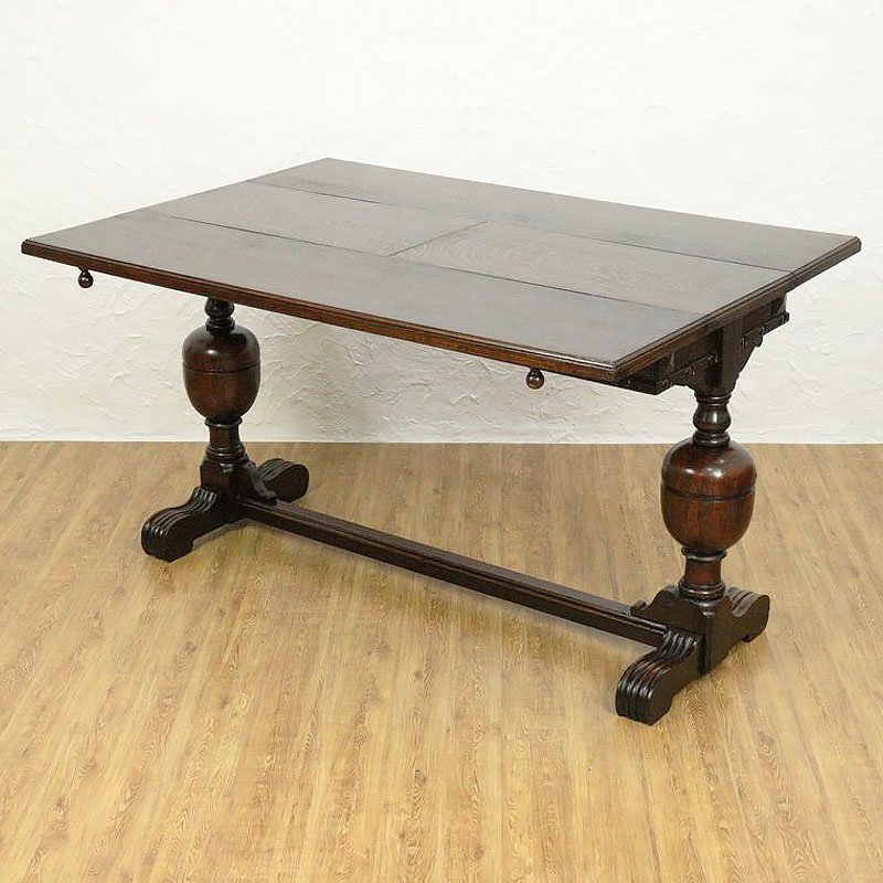 希少 イギリス製 ドローリーフテーブル 伸長式 細幅 コンソールテーブル ダイニングテーブル 2-6人用 彫刻入り バルボスレッグ オーク材 木製  英国家具の動画