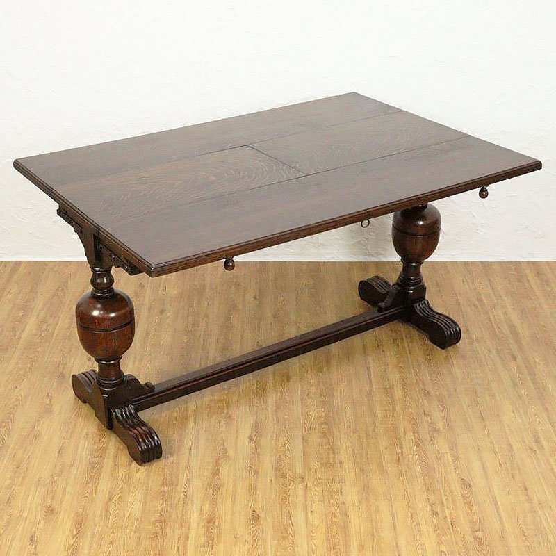 希少 イギリス製 ドローリーフテーブル 伸長式 細幅 コンソールテーブル ダイニングテーブル 2-6人用 彫刻入り バルボスレッグ オーク材 木製 英国家具