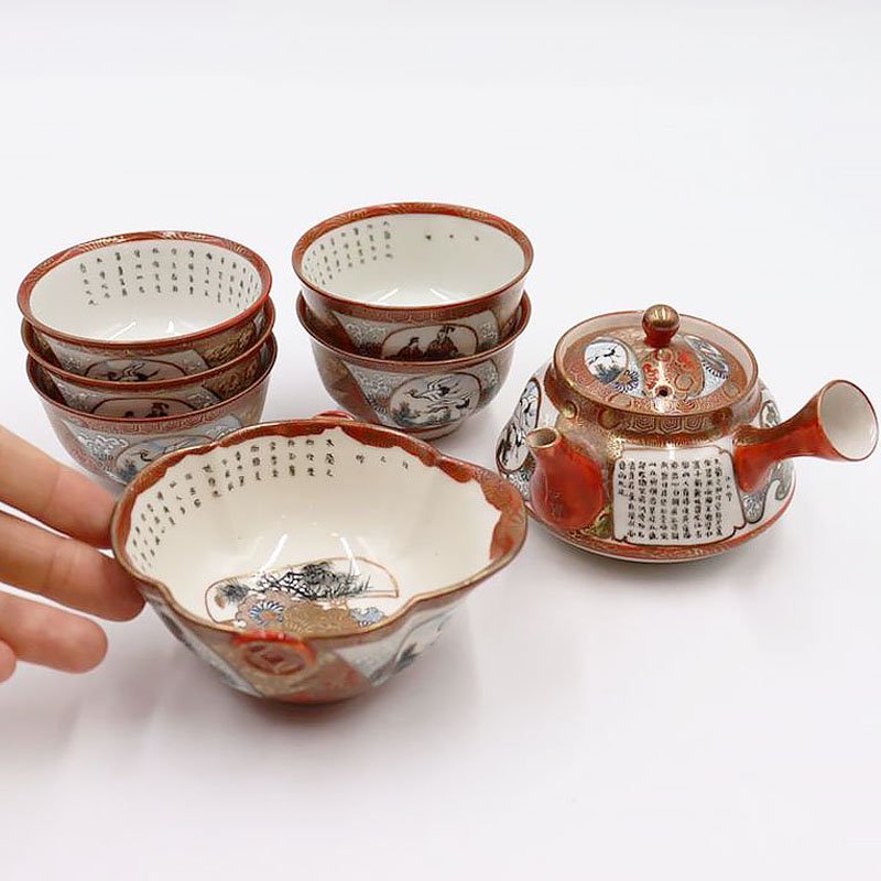 【金継ぎ】手描き 細字 細密 加賀九谷焼 赤絵 茶器セット 煎茶 中国茶 