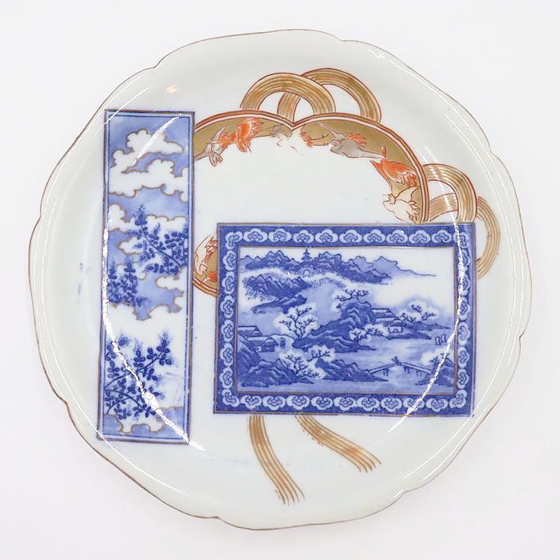 印判 手彩色 中皿 プレート 大正時代 和食器 骨董 日本製 アンティーク（東屋・山水・鶴）