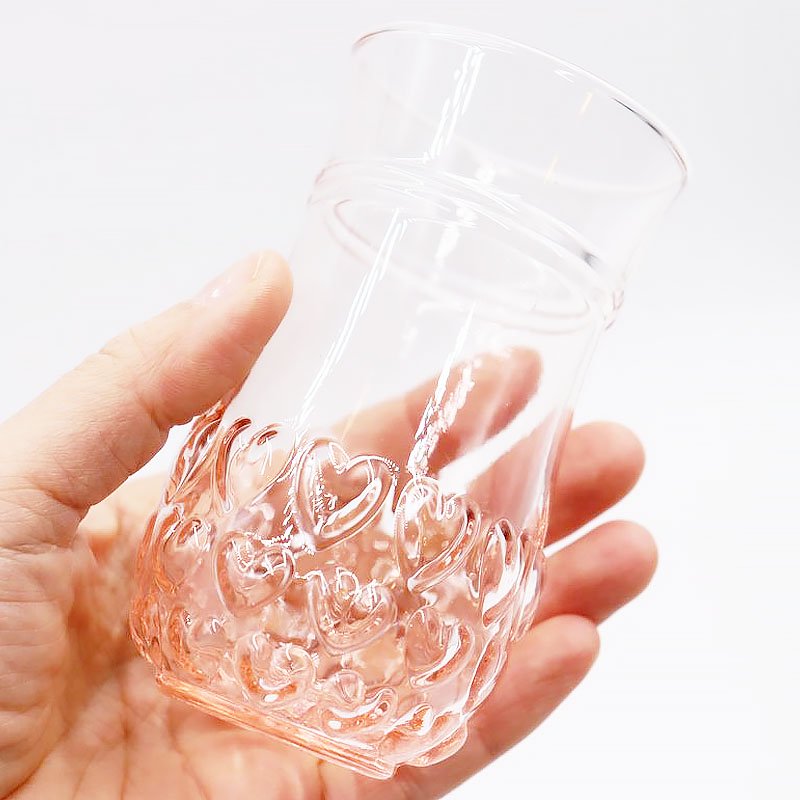 プレスガラス コップ グラス ピンク ぷっくり ハート 立体 昭和レトロ かわいい 小ぶり ヴィンテージ アンティーク 日本製
