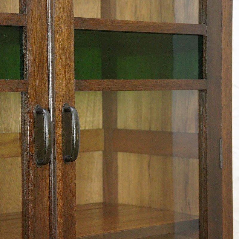 希少サイズ 細幅 緑ガラス入り 食器棚 書棚 収納棚 飾り棚