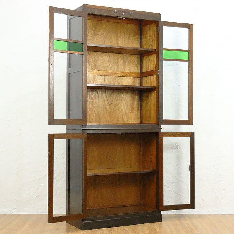希少サイズ 細幅 緑ガラス入り 食器棚 書棚 収納棚 飾り棚