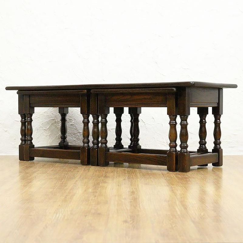 英国アンティーク木製ネストテーブル3台/収納式机/飾り棚/花台(89-81