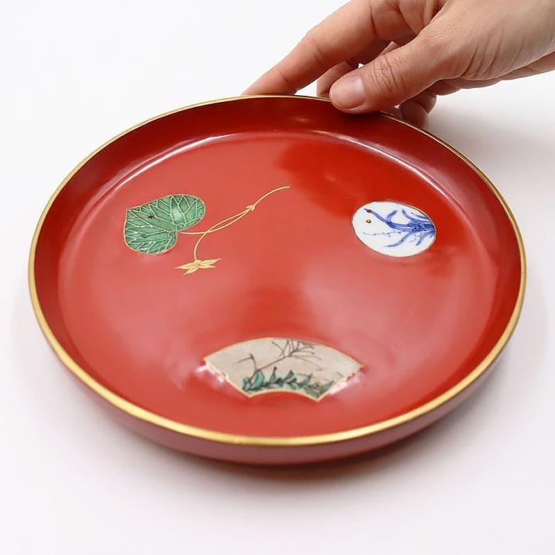 大正時代風味溢れる朱塗り陶磁器菓子皿 和骨董美術