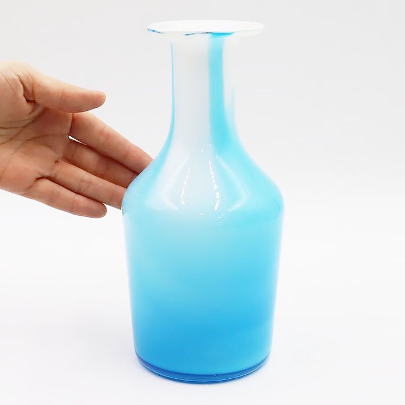 乳白色 水色 花瓶 吹きガラス マーブル 爽やか アンティーク 日本製