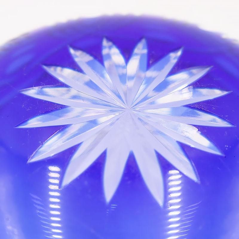 骨董　時代ガラス　希少　群青色被せ　モダンカット　大正浪漫切子　兜型　向付　小鉢 骨董 時代ガラス 希少 群青色被せ モダンカット 大正浪漫切子 兜