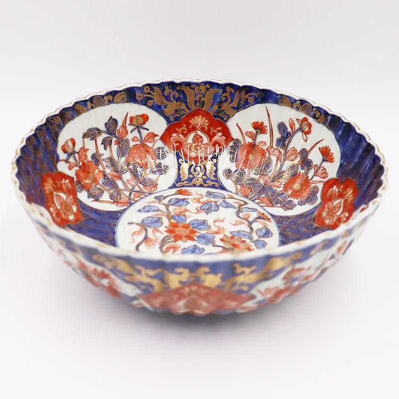 古伊万里 手描き 赤絵 金彩 輪花形 大鉢 唐花 アンティーク食器 【公式