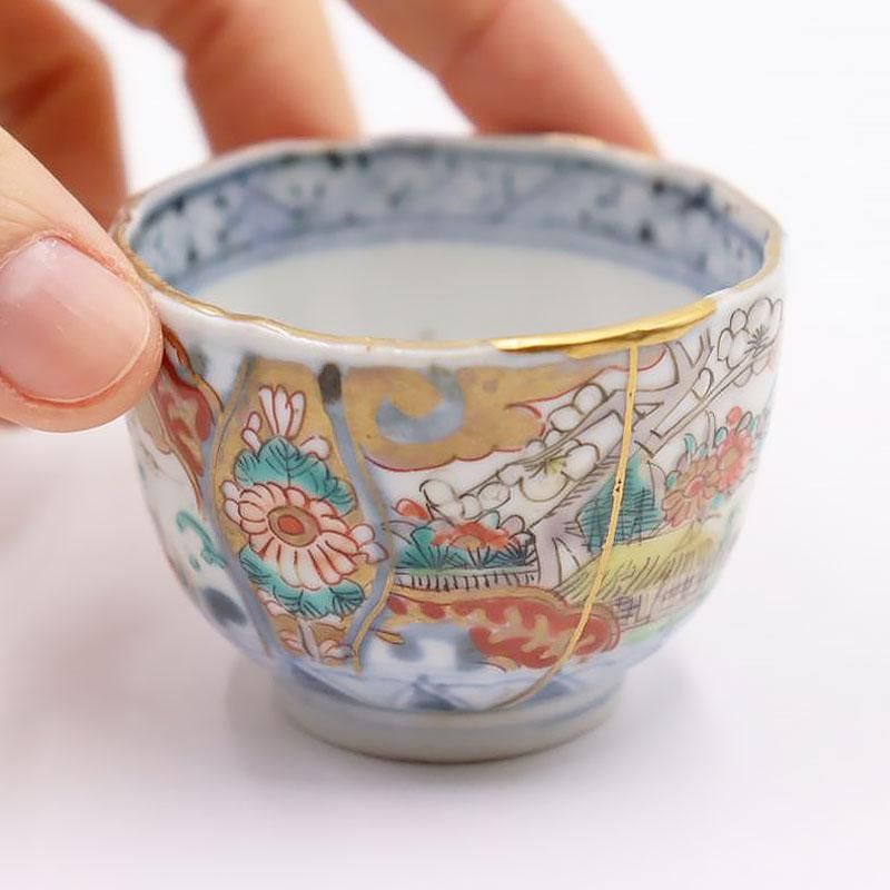 古伊万里　花唐草　染付　猪口　向付　江戸時代　酒器　アンティーク　金継ぎ　金直し 古伊万里 染付 七寸皿 江戸時代 花唐草 金直し 金継ぎ 骨董