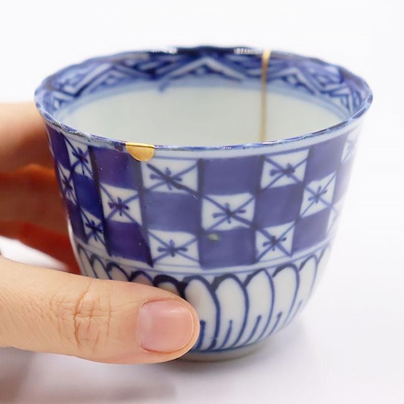 古伊万里　染付そば猪口　格子文　江戸時代　染付　金直し　金継ぎ　アンティーク fit=scale-down,w=1200