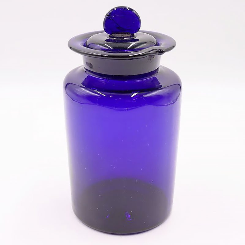 青いガラス瓶 紺色 瑠璃色 ブルー 明治・大正 蓋つき 吹きガラス アンティーク 日本製 A