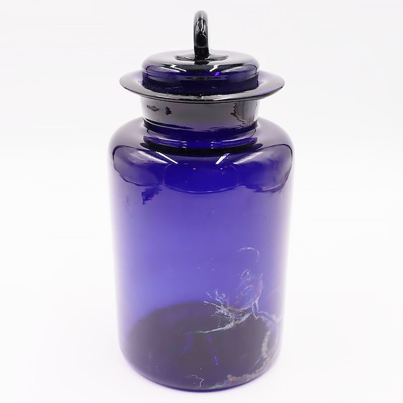 青いガラス瓶 紺色 瑠璃色 ブルー 明治・大正 蓋つき 吹きガラス 