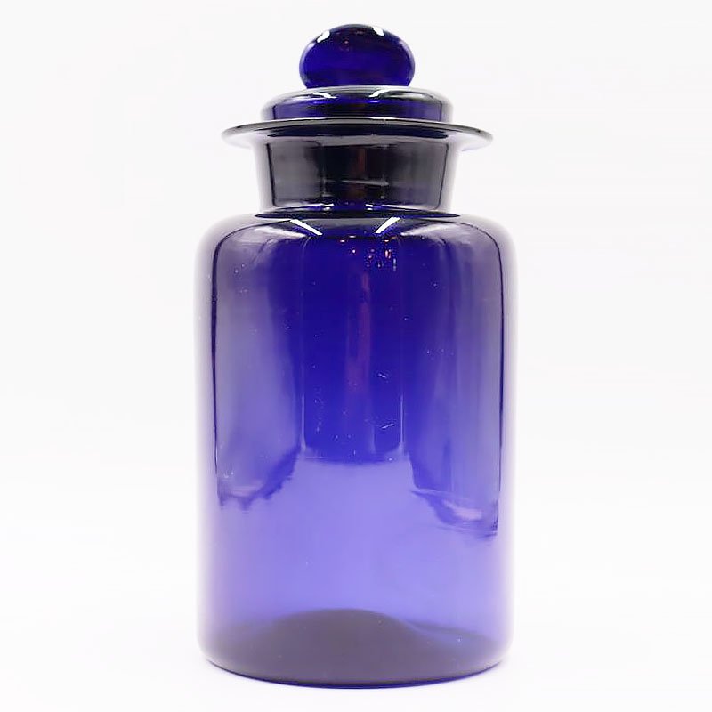 青いガラス瓶 紺色 瑠璃色 ブルー 明治・大正 蓋つき 吹きガラス 