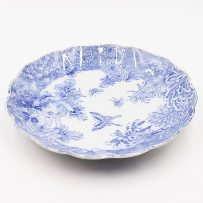 藍色の骨董和食器｜直径22 高さ3.5｜かわいい蝶・菊デザイン