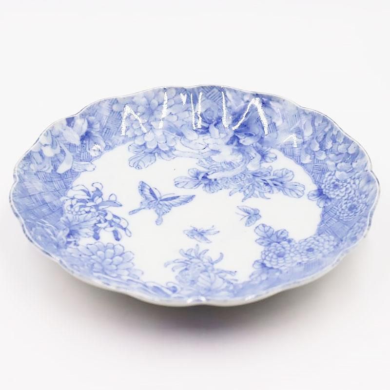 藍色の骨董和食器｜直径22 高さ3.5｜かわいい蝶・菊デザイン
