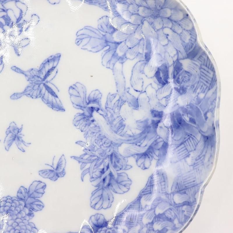 藍色の骨董和食器｜直径22 高さ3.5｜かわいい蝶・菊デザイン