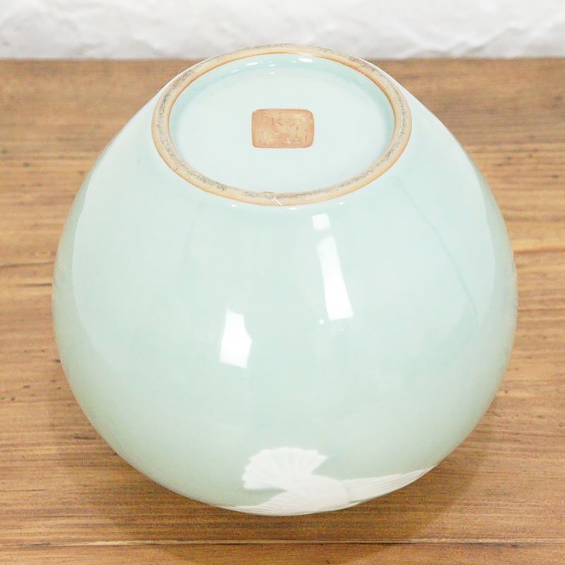 上品 青磁色 花瓶 壺 ふっくら 骨董 ヴィンテージ 日本製 （白鳩 